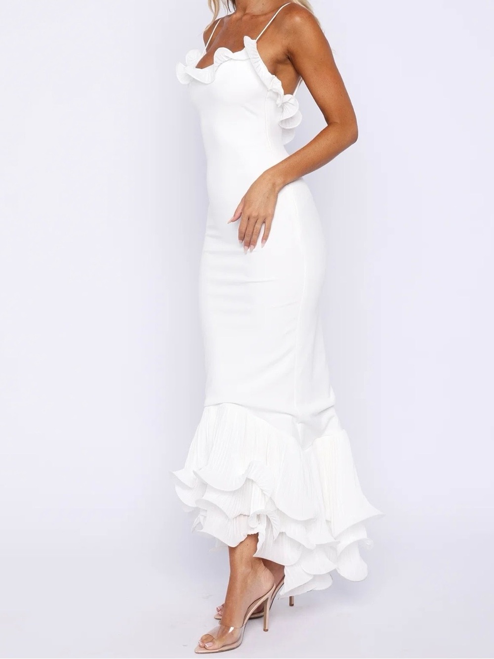 White Fox Boutique White Ruffle-Hem Spaghetti Strap Midi Dress